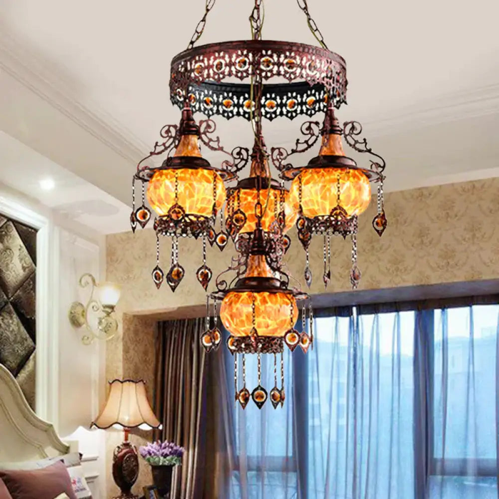 4 Heads Stained Glass Chandelier Bohemia Orange Lantern Living Room Pendant Lighting
