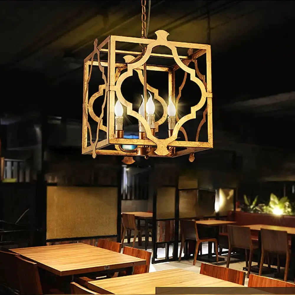 4 - Light Chandelier Light Antique Restaurant Suspension Pendant With Quatrefoil Metal Cage In Gold