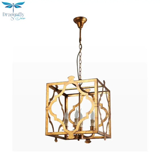 4 - Light Chandelier Light Antique Restaurant Suspension Pendant With Quatrefoil Metal Cage In Gold
