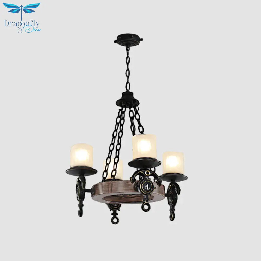 4 Lights Bedroom Pendant Lighting Nautical Blue/Black Chandelier Lamp With Cylinder Dimpled Glass