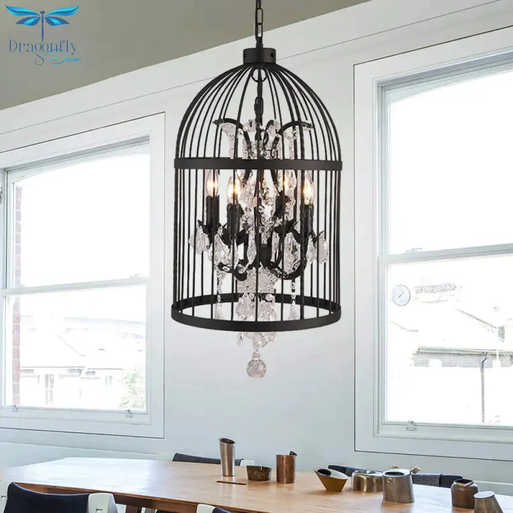 4 Lights Birdcage Chandelier Lighting Rustic Black Metal Pendant Light Fixture For Dining Room