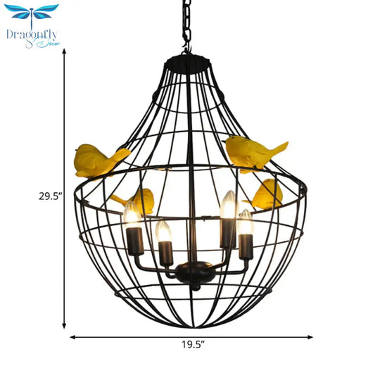 4 Lights Candelabra Suspended Lighting Fixture Traditional Black Metal Chandelier With Cage