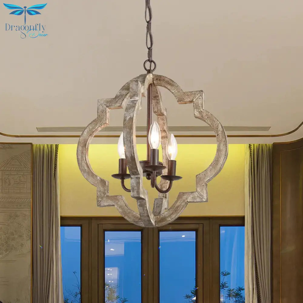 4 Lights Candle - Style Ceiling Chandelier Countryside Beige Wood Pendant Lamp With Globe Cage
