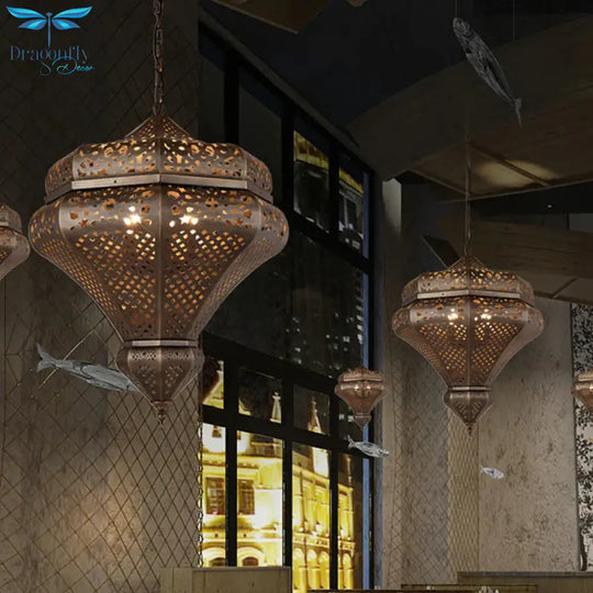 4 Lights Chandelier Lamp Retro Restaurant Pendant Light With Hollow Metal Shade In Bronze