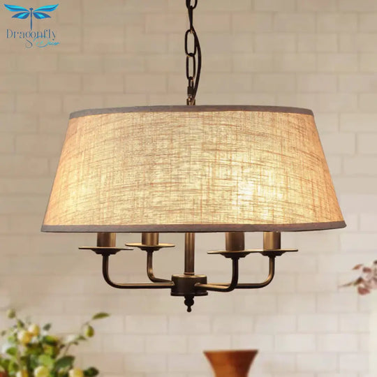 4 Lights Fabric Chandelier Light Rural Style Beige/Green Tapered Drum Dining Room Drop Pendant