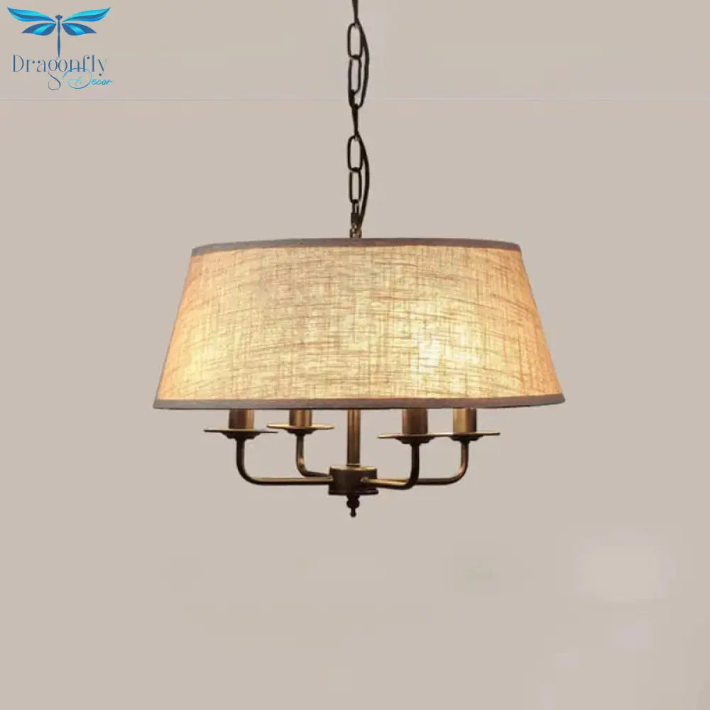 4 Lights Fabric Chandelier Light Rural Style Beige/Green Tapered Drum Dining Room Drop Pendant