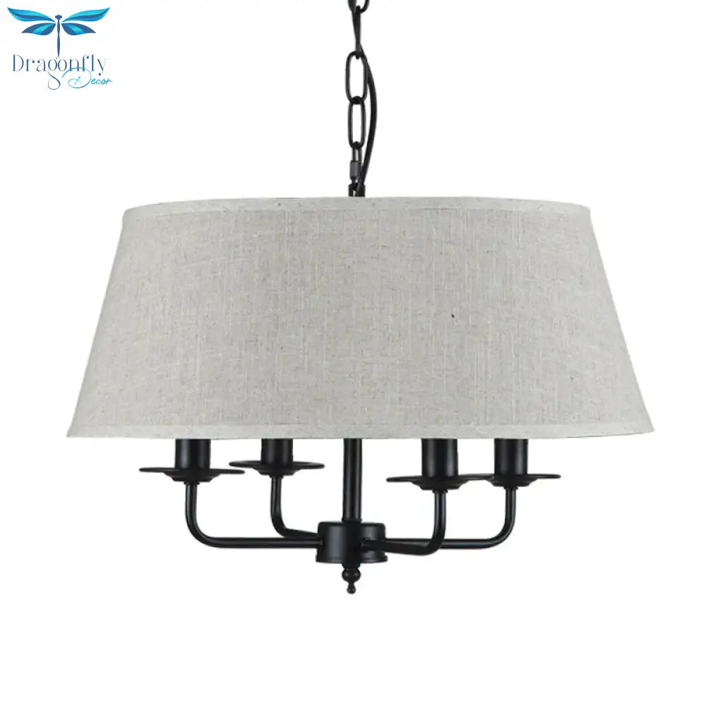 4 Lights Fabric Chandelier Light Rural Style Beige/Green Tapered Drum Dining Room Drop Pendant