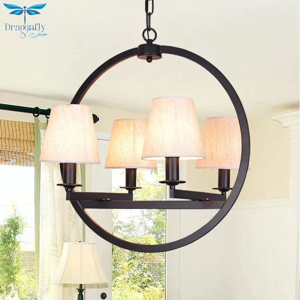 4 Lights Fabric Chandelier Light Traditional White/Flaxen Cone Dining Room Hanging With Black Ring