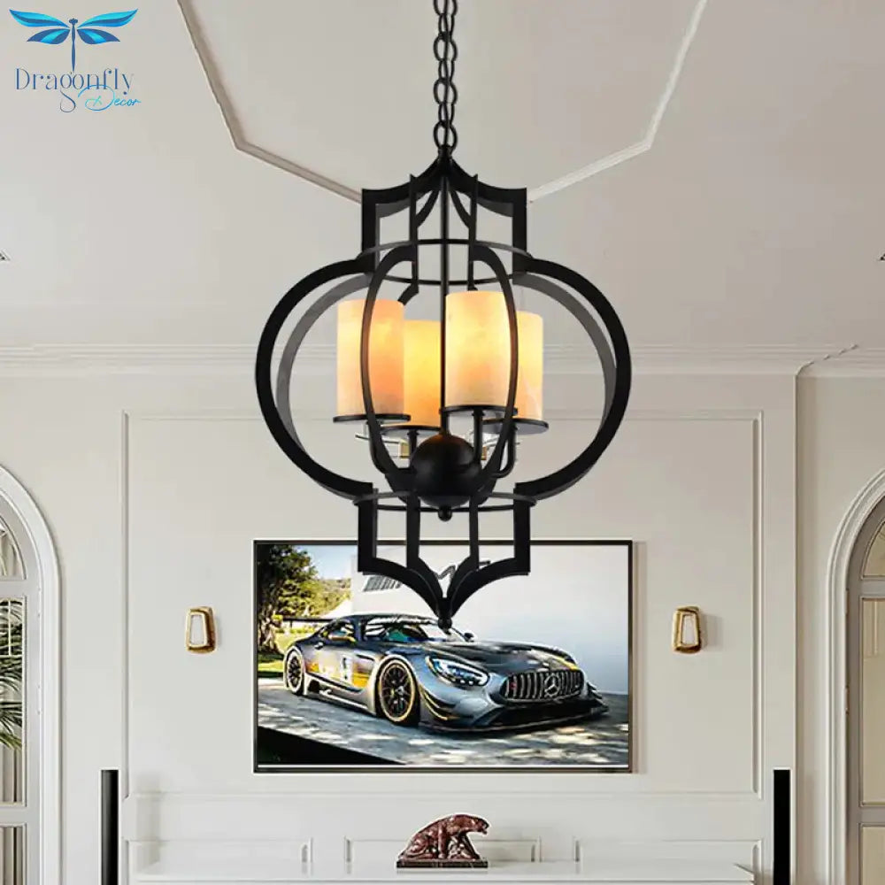 4 Lights Lantern Frame Pendant Lamp Countryside Black Finish Metallic Chandelier Lighting