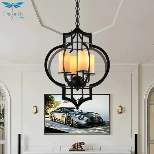 4 Lights Lantern Frame Pendant Lamp Countryside Black Finish Metallic Chandelier Lighting