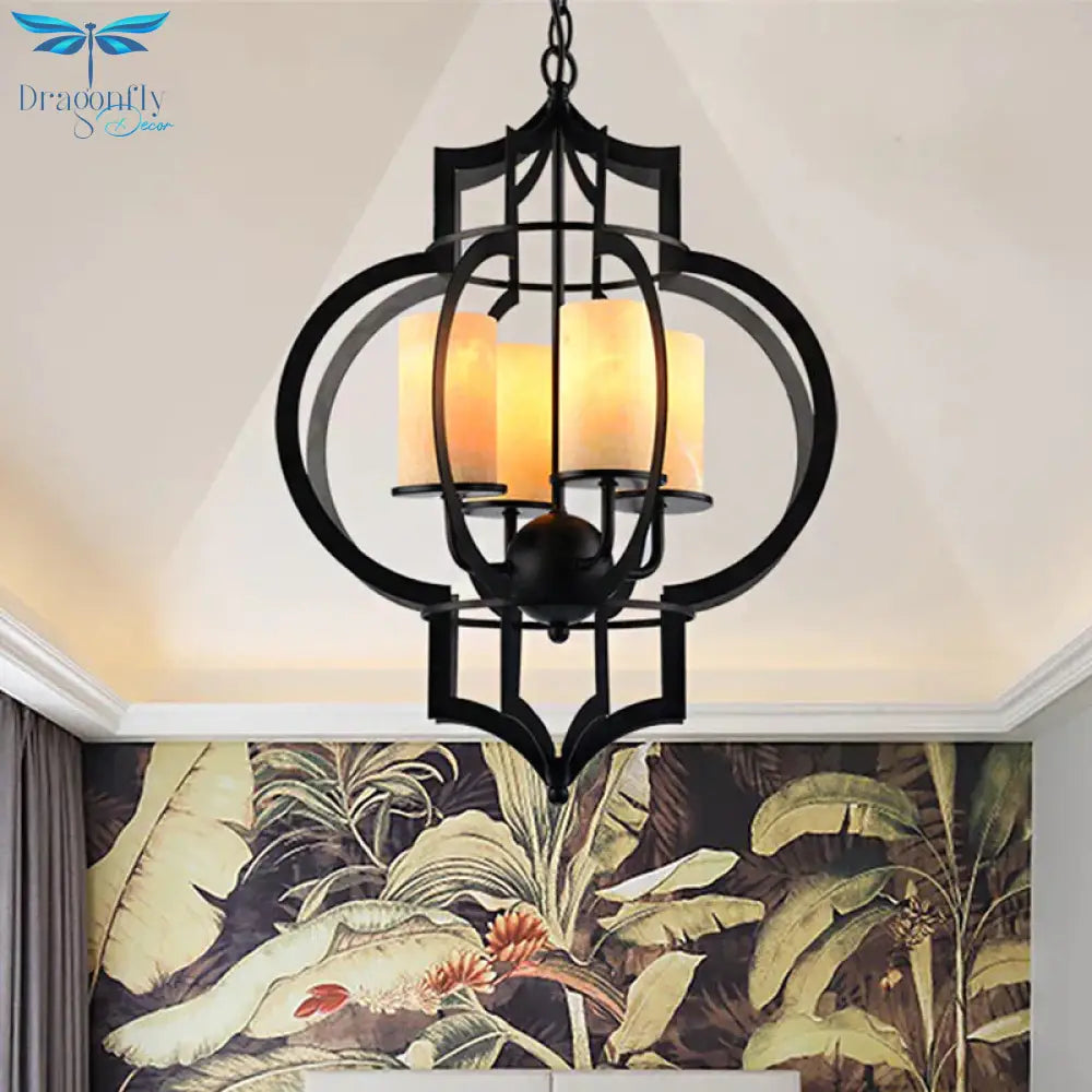 4 Lights Lantern Frame Pendant Lamp Countryside Black Finish Metallic Chandelier Lighting