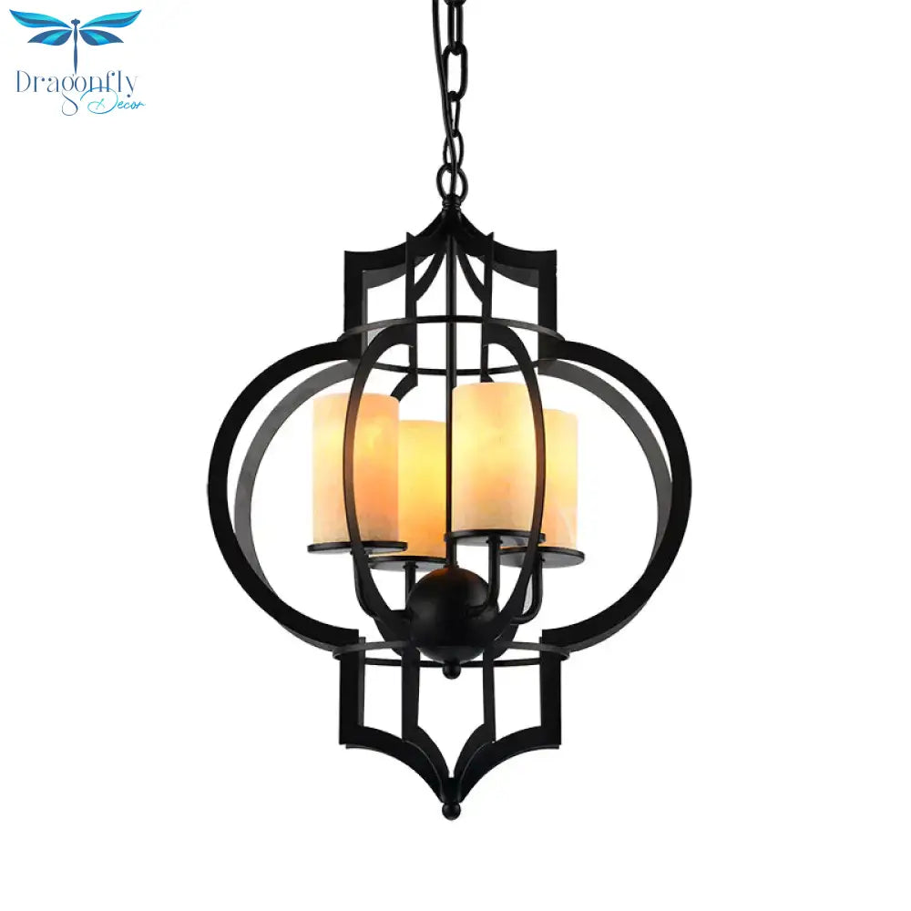4 Lights Lantern Frame Pendant Lamp Countryside Black Finish Metallic Chandelier Lighting