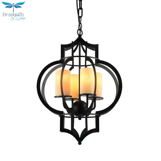 4 Lights Lantern Frame Pendant Lamp Countryside Black Finish Metallic Chandelier Lighting