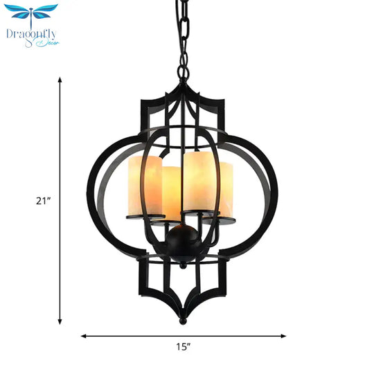 4 Lights Lantern Frame Pendant Lamp Countryside Black Finish Metallic Chandelier Lighting