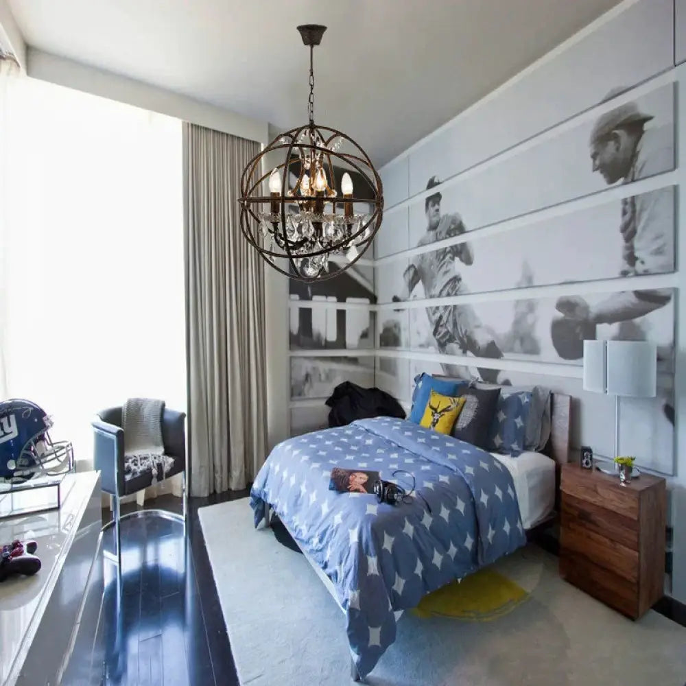 4 Lights Metal Hanging Chandelier Country Black Globe Dining Room Pendant Light Fixture With