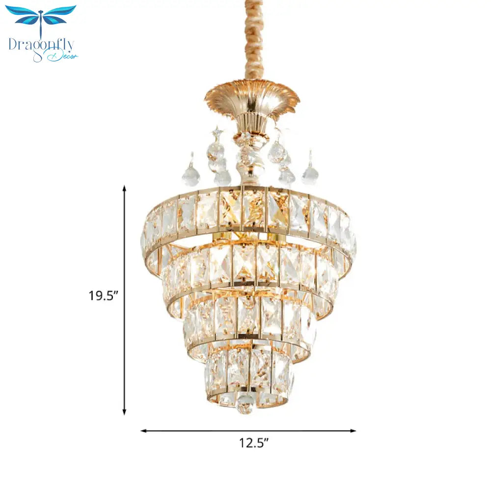 4 - Tier Cone Crystal Drop Lamp Traditional 5 Lights Living Room Chandelier Pendant In Gold
