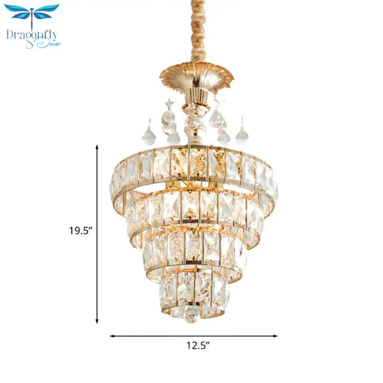 4 - Tier Cone Crystal Drop Lamp Traditional 5 Lights Living Room Chandelier Pendant In Gold