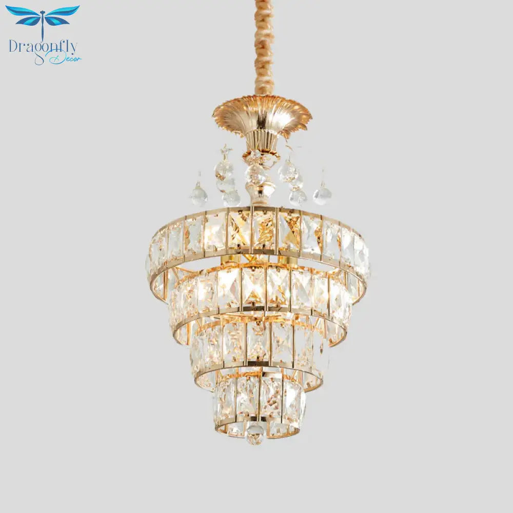 4 - Tier Cone Crystal Drop Lamp Traditional 5 Lights Living Room Chandelier Pendant In Gold