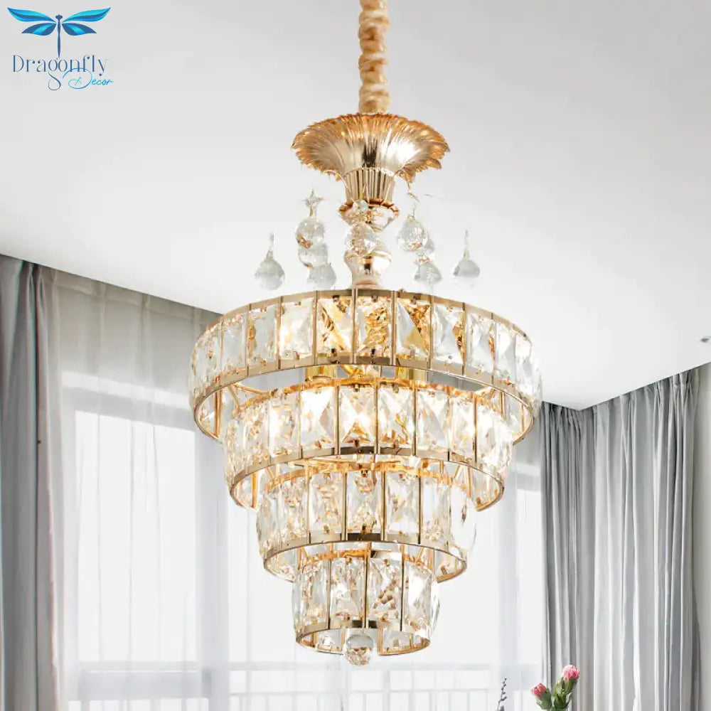 4 - Tier Cone Crystal Drop Lamp Traditional 5 Lights Living Room Chandelier Pendant In Gold