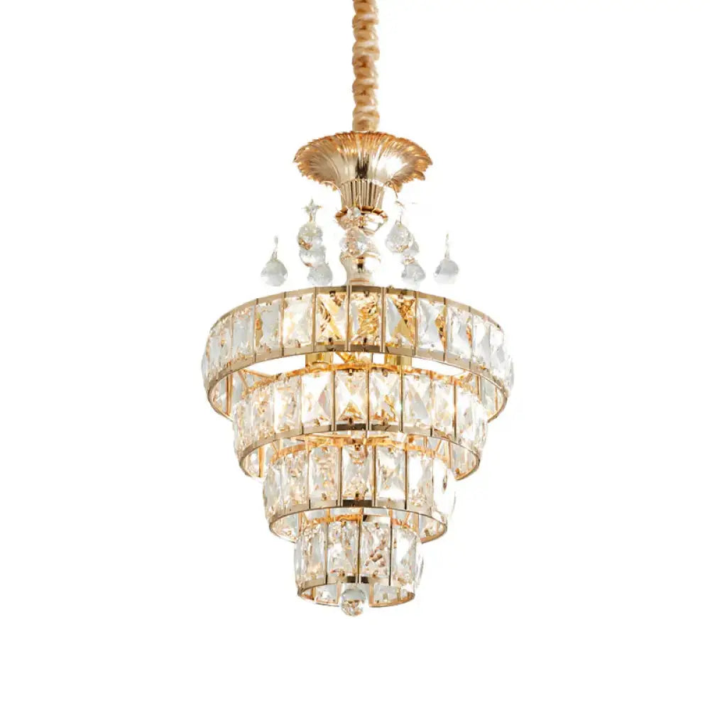 4 - Tier Cone Crystal Drop Lamp Traditional 5 Lights Living Room Chandelier Pendant In Gold