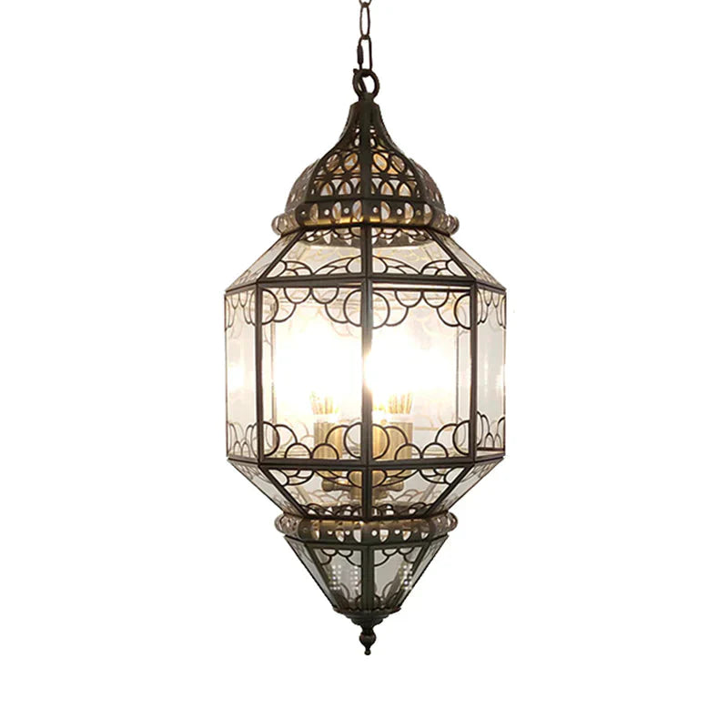 3 - Head Pendant Lighting Antiqued Arab Balcony Hanging Chandelier With Lantern Clear Glass Shade