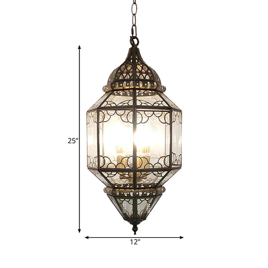 3 - Head Pendant Lighting Antiqued Arab Balcony Hanging Chandelier With Lantern Clear Glass Shade