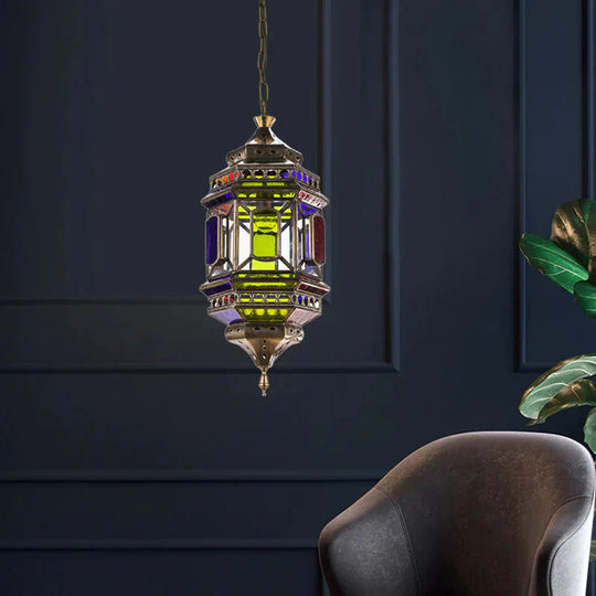 3 - Bulb Hanging Lighting Art Deco Castle Shape Colorful Glass Chandelier Pendant Lamp In Brass
