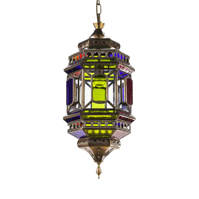 3 - Bulb Hanging Lighting Art Deco Castle Shape Colorful Glass Chandelier Pendant Lamp In Brass