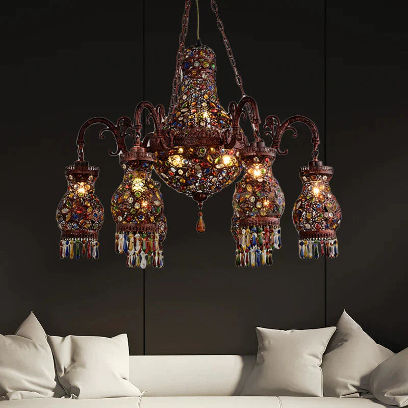 Urn Shaped Restaurant Ceiling Chandelier Bohemian Metal 9 Lights Copper Hanging Lamp Kit