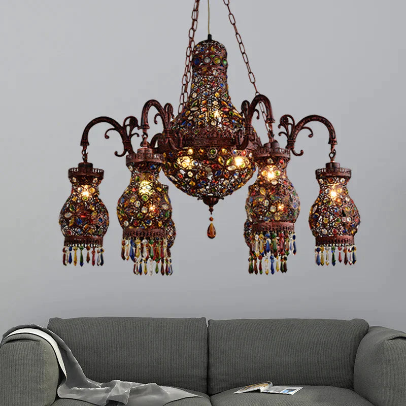 Urn Shaped Restaurant Ceiling Chandelier Bohemian Metal 9 Lights Copper Hanging Lamp Kit