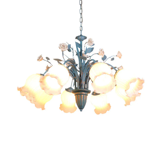 Pastoral Blossom Chandelier Lighting Fixture 3/5/6 Heads White Glass Pendant Ceiling Light In Blue