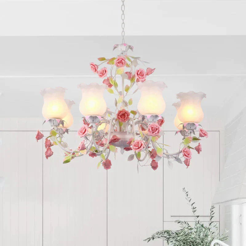Rose Living Room Ceiling Chandelier Pastoral White Glass 8 Heads Pink Hanging Light Fixture