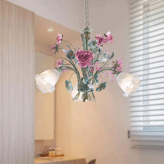 Aqua Floral Chandelier Lamp Pastoral Metal 3/5/8 Heads Living Room Led Ceiling Pendant Light