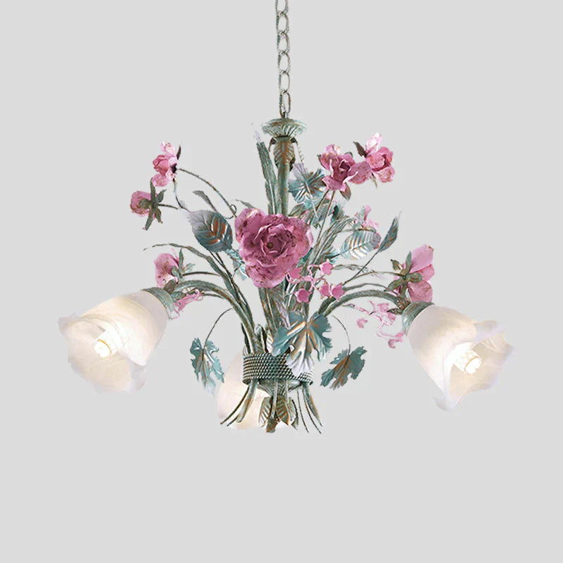 Aqua Floral Chandelier Lamp Pastoral Metal 3/5/8 Heads Living Room Led Ceiling Pendant Light