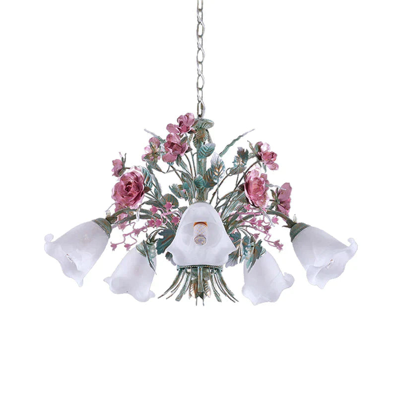 Aqua Floral Chandelier Lamp Pastoral Metal 3/5/8 Heads Living Room Led Ceiling Pendant Light