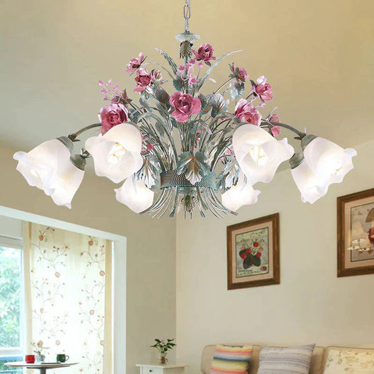 Aqua Floral Chandelier Lamp Pastoral Metal 3/5/8 Heads Living Room Led Ceiling Pendant Light