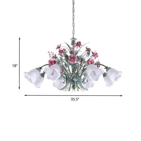 Aqua Floral Chandelier Lamp Pastoral Metal 3/5/8 Heads Living Room Led Ceiling Pendant Light