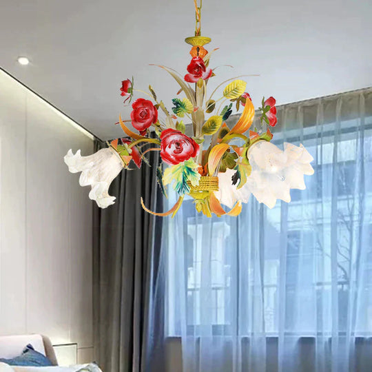 Metal Yellow Chandelier Lighting Flower 3/6/8 Bulbs Vintage Led Hanging Light For Living Room