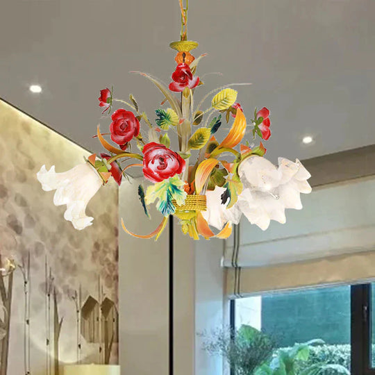 Metal Yellow Chandelier Lighting Flower 3/6/8 Bulbs Vintage Led Hanging Light For Living Room