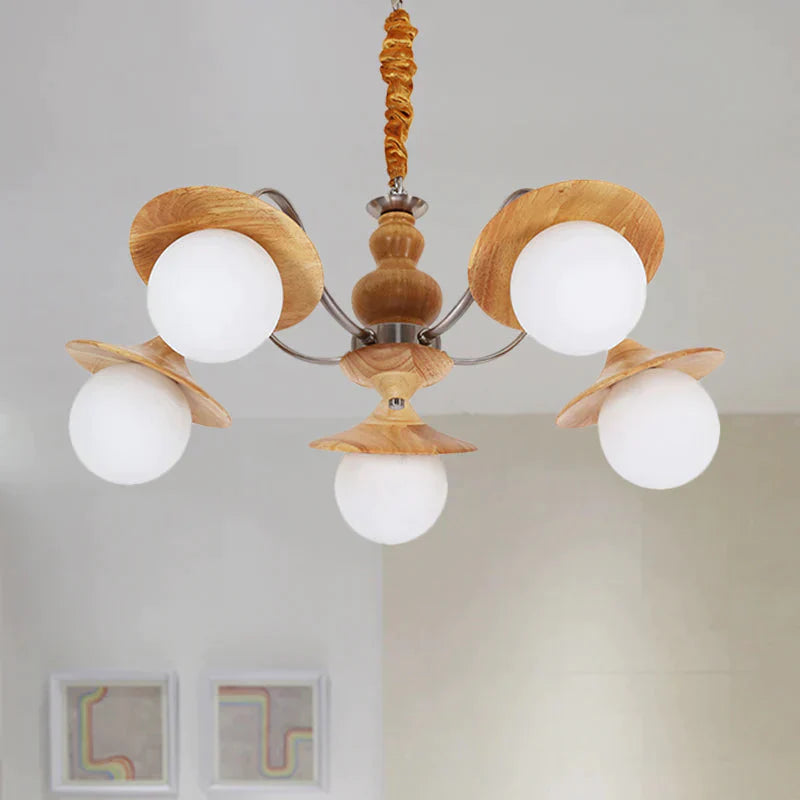 Modern Ball White Glass Chandelier 5 Lights Ceiling Pendant Fixture With Wooden Cap