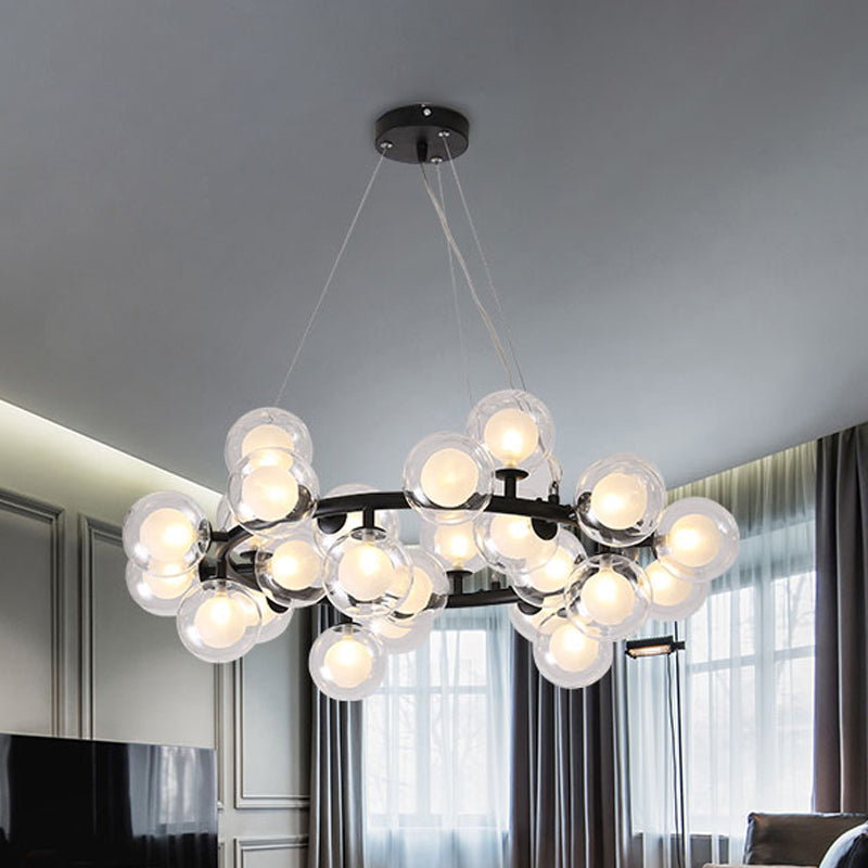 Modern Black/Gold Finish Glass 15/25 - Bulb Global Shade Chandelier Lamp With Metal Ring - Ceiling