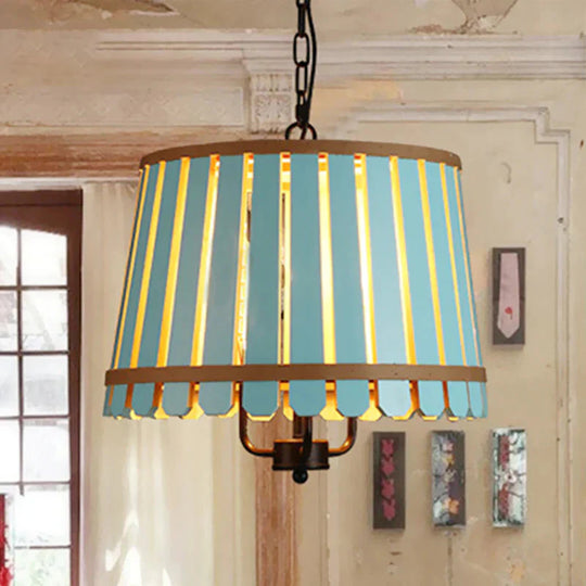 Modern Wooden Wide Slatted 3 Lights Chandelier Blue/Green/Wood Hanging Pendant For Dining Room