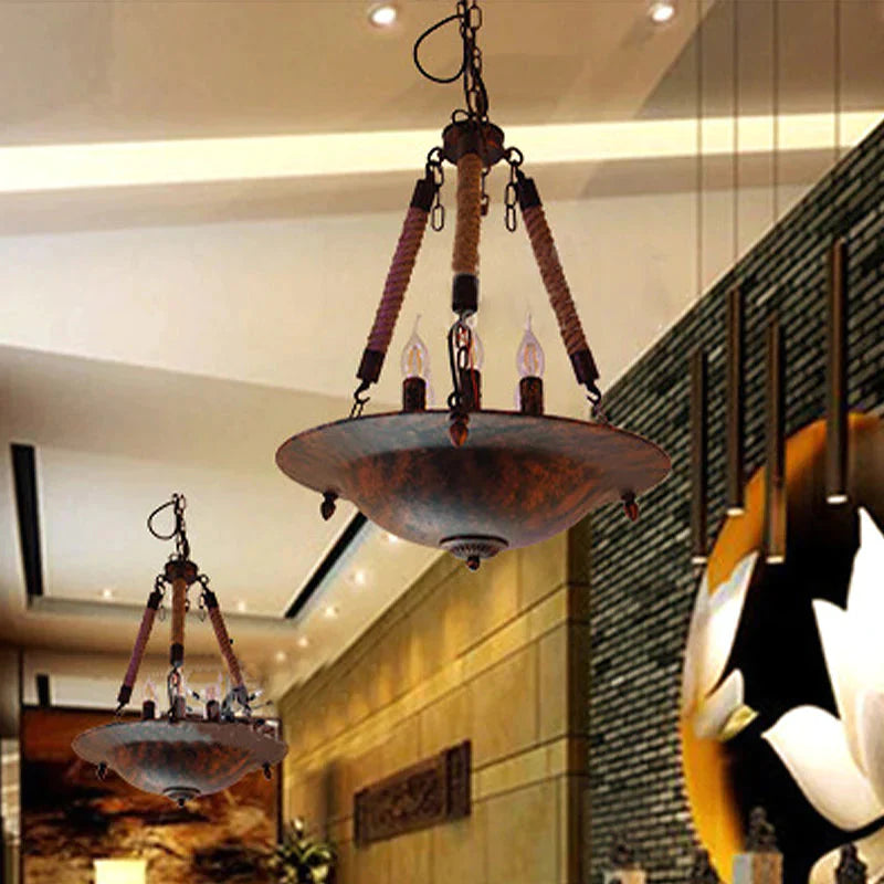 Bowl Shape Ceiling Fixture Industrial Style Metal 5 Lights Hanging Lamp In Rust For Indoor Lighting