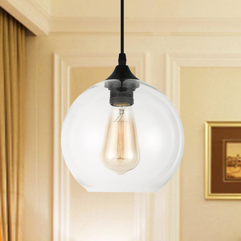 Corinne - Industrial 1 Light Grey/Clear Glass Hanging Lamp In Black Wide Globe