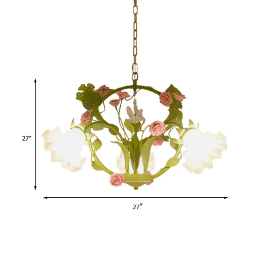 Metal Green Chandelier Lighting Circular 3/6 Heads Country Style Rose Hanging Light Fixture For
