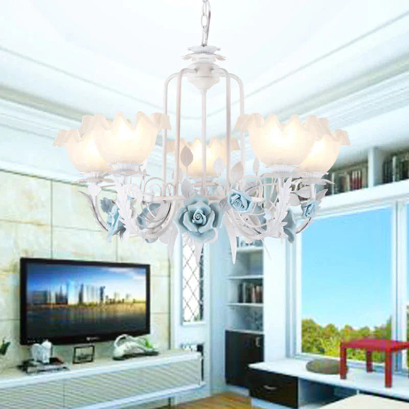 Floral White Glass Pendant Chandelier Pastoral Style 3/5 Bulbs Living Room Led Drop Lamp In Blue 5 /