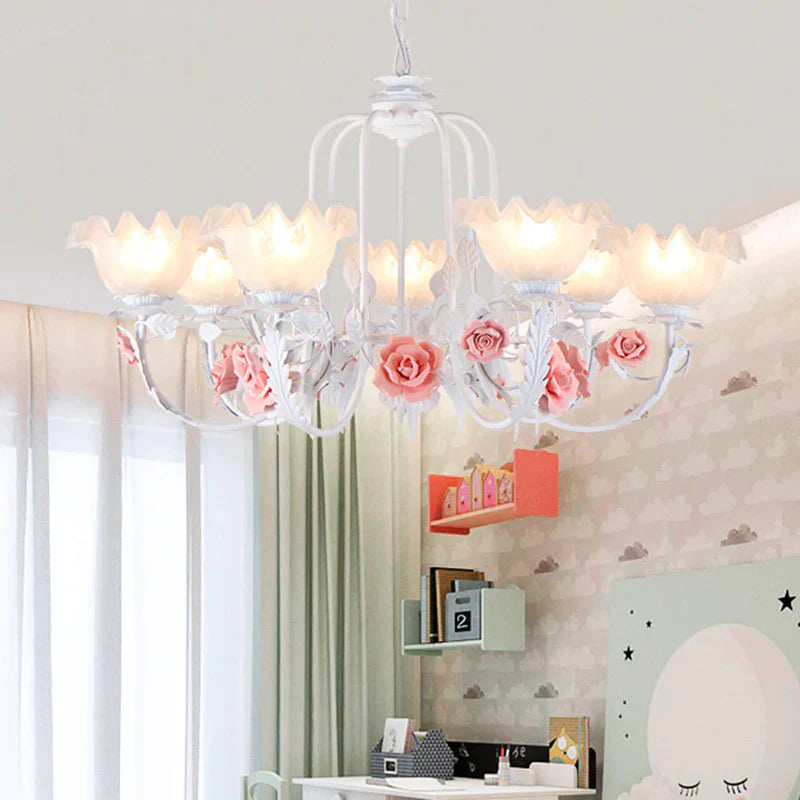 Scalloped Bedroom Chandelier Lighting Fixture Pastoral White Glass 5/7 Lights Pink Led Hanging