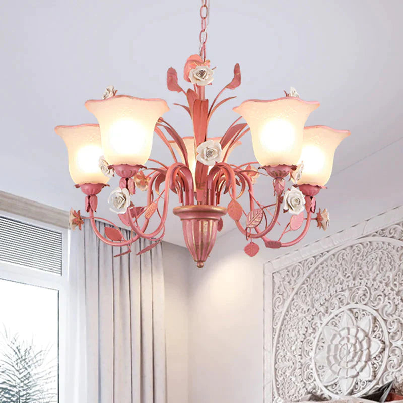 Country Flared Chandelier Lighting Fixture 3/5/7 Bulbs Metal Led Drop Pendant In Pink/Blue For