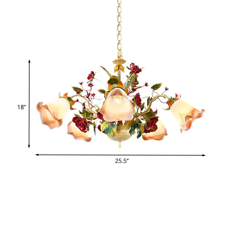 Metal Yellow Chandelier Lighting Fixture Rose 5/8 Bulbs Pastoral Style Led Hanging Ceiling Light
