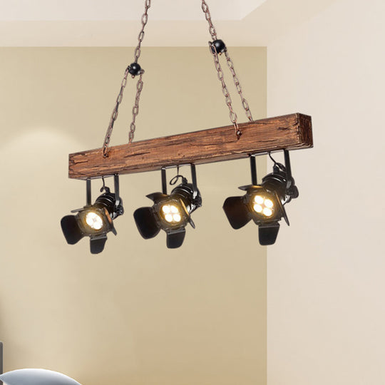 3 Lights Vintage Metal And Wood Island Pendant Light With Wooden Beam In Black Lighting